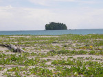 Pulau Ular als groene pruik aan de horizon